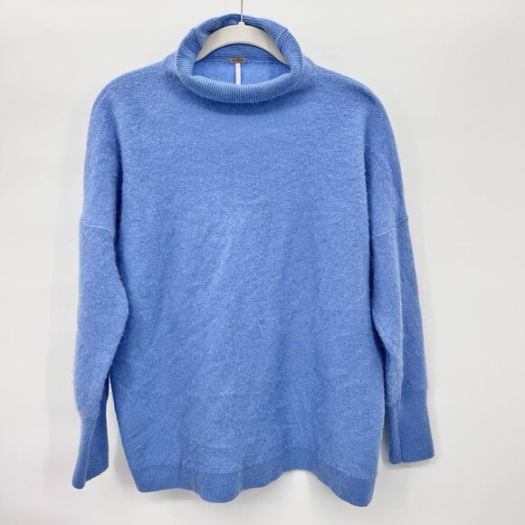 Free People Cashmere Tunic Sweater Sz Medium Blue Ottoman Mock Neck - Picture 1 of 8